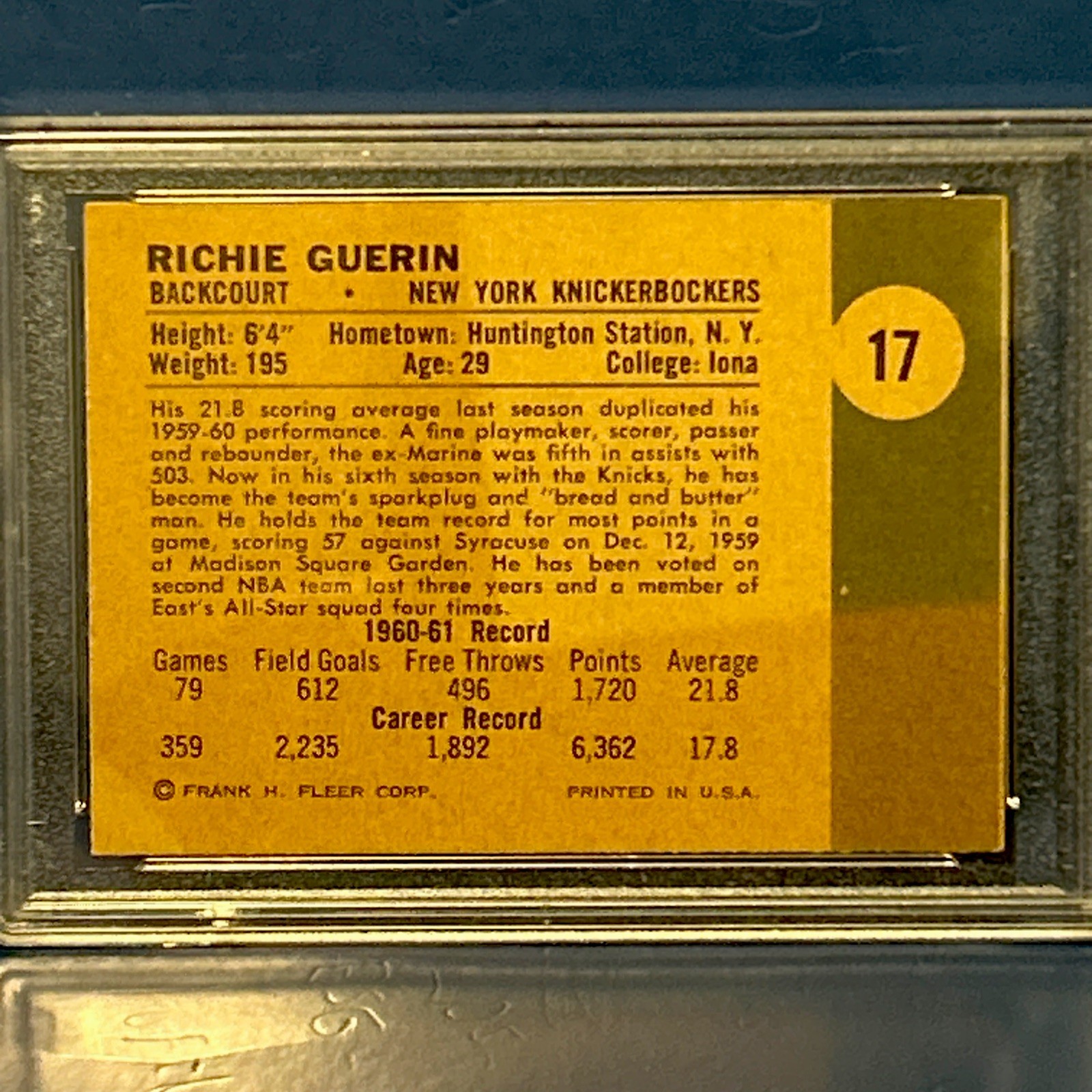 1961 RICHIE GUERIN Fleer Vintage NBA Basketball Card PSA 4 VG-EX NY KNICKS Star view 2
