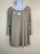 Susan Graver Top Women Plus size 2X Beige Cutout Neck 3/4 Sleeve Liquid Knit