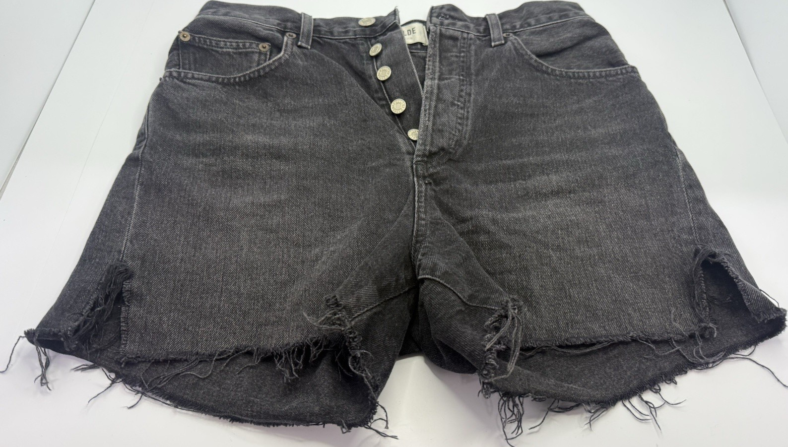 AGOLDE DEE 27 Black High Rise Cut Off Denim Shorts Button Raw Hem