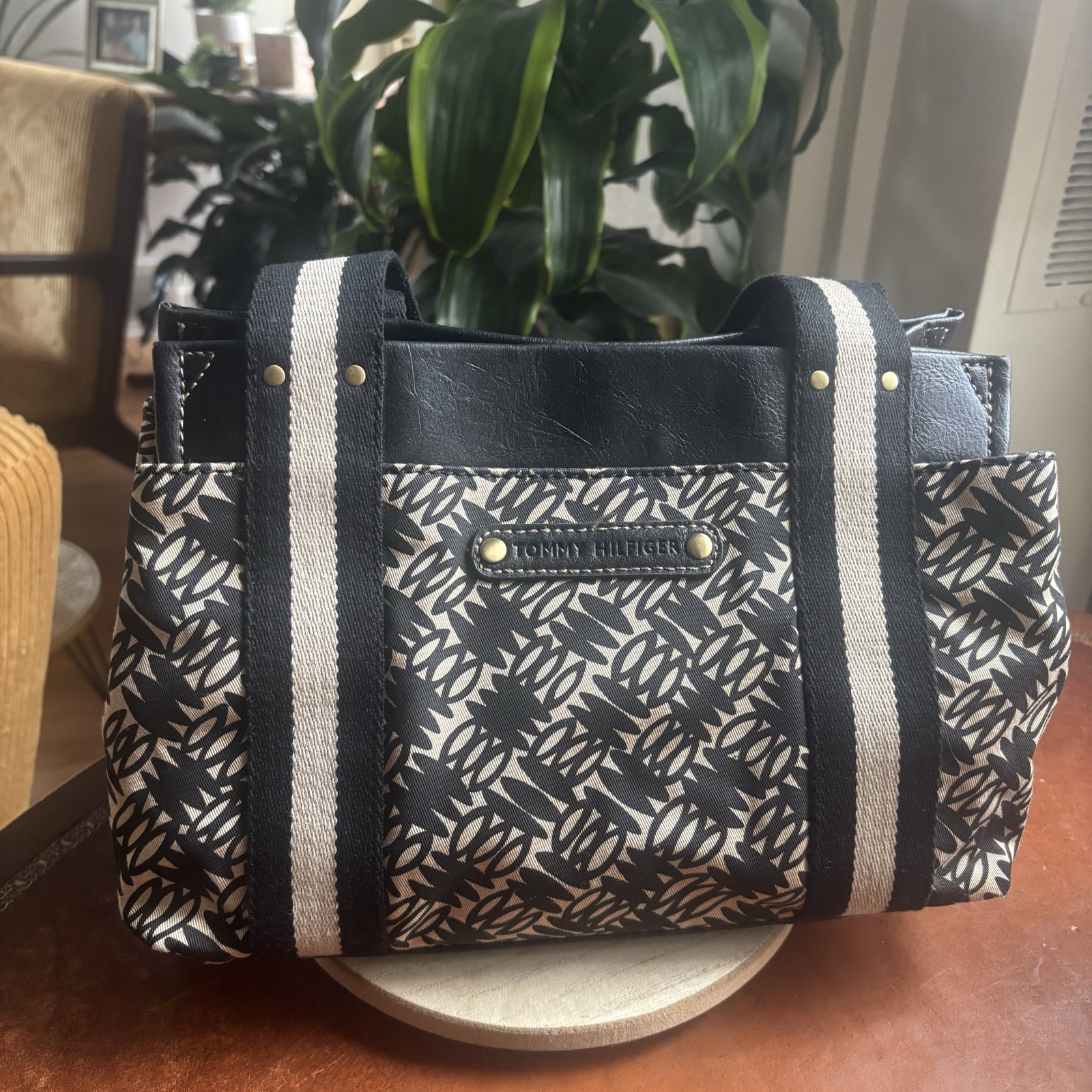 Tommy Hilfiger Black Geometric Canvas Tote Purse