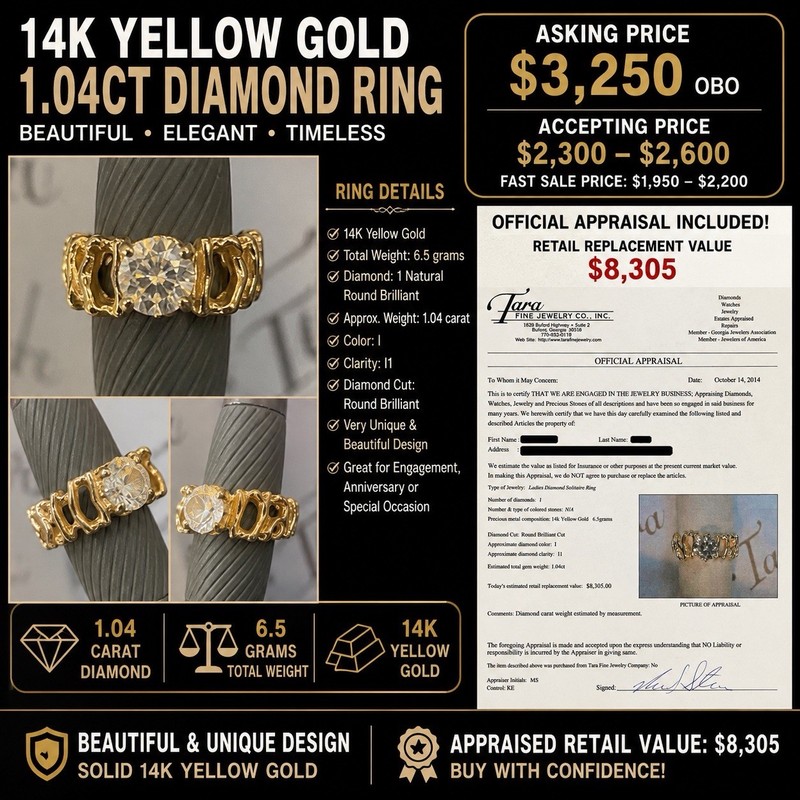 Stunning 14k Yellow Gold 1.04 Carat Diamond Ring