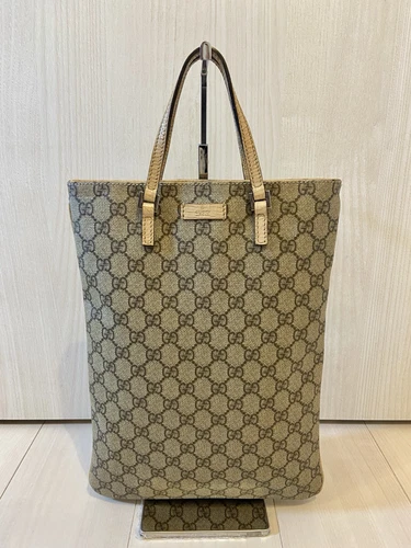 Authentique sac à main fourre tout GUCCI PVC GG Supreme cuir logo plaque beige ivoire