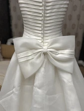Vtg Oleg Cassini White Satin Wedding Dress 80s 90s Bow Ruffle Train Bridal Gown