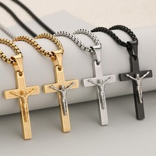 Stainless Steel Bible Verse Crucifix JESUS Cross Pendant Christian Necklace