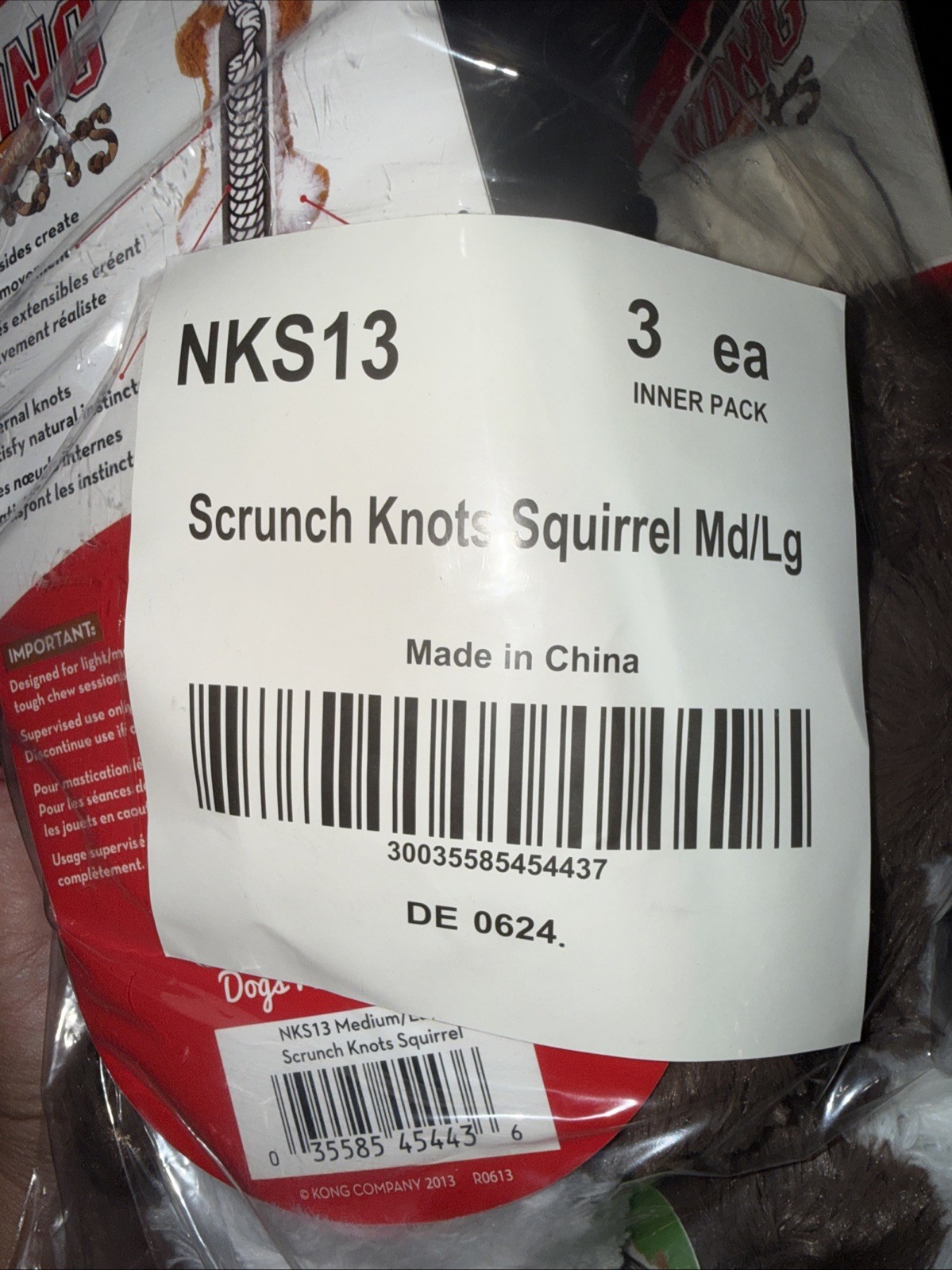 3 PCS-KONG SCRUNCH KNOTS Squeaky SQUIRREL Squeaker Dog Toy Internal Knotted Rope