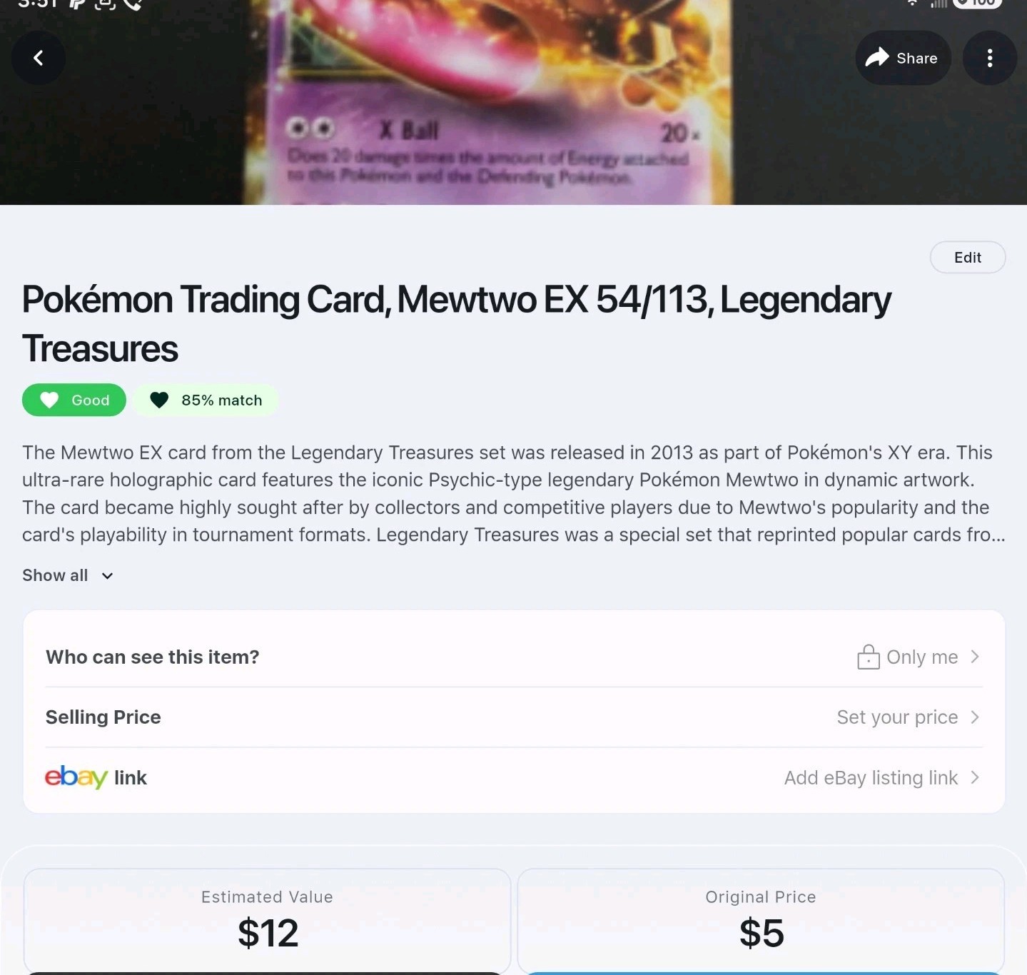 Mewtwo EX 54/113 Legendary Treasure