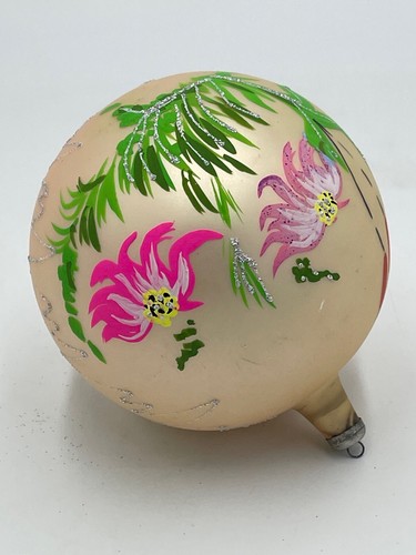 Vintage Christmas Ornament Made Italy Hand Painted Flowers Round Glass Glitter