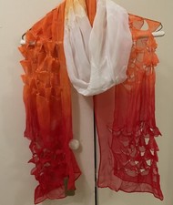 Women's Sheer 100 Silk Scarf in Red, Orange, Light Orange and Cream Color.