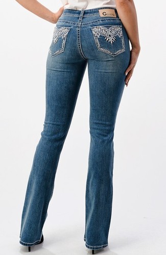 Pantalones de mezclilla elásticos de corte bota bordados de pluma azteca Charme by Grace in LA para mujer - Imagen 3 de 3
