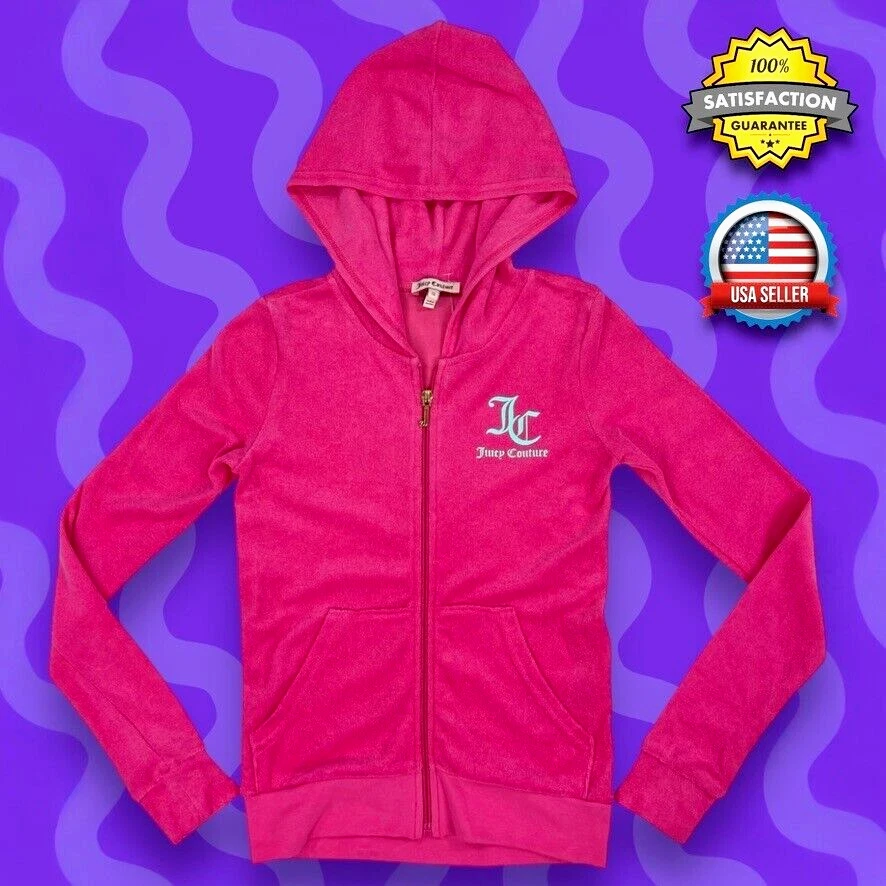 Juicy Couture Girls Pink Full Zip Hooded Jacket Size 12 Black Label Terry NWT