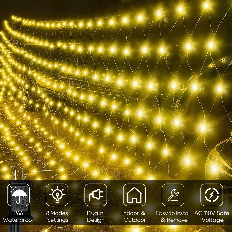 Solar/Plug LED String Fairy Net Mesh Light Curtain Waterproof Garden Christmas - Image 3 of 4
