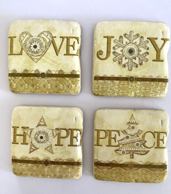 Set Of 4 Signed Lori  Siebert Coasters Pottery Stone Peace Love Joy Hope French
