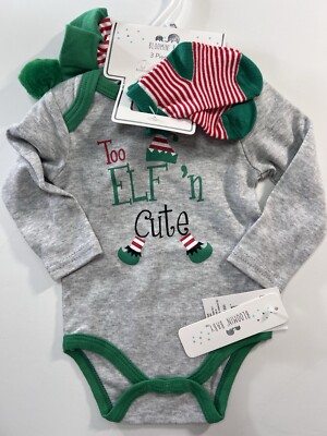 Too Elf'n Cute Christmas Elf Bodysuit Hat Socks Set 0-3 M Boy Girl Bloomin' Baby