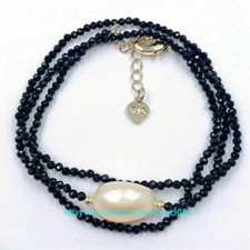 Faceted 3mm Black Spinel  11-12mm Natural White Baroque Pearl Pendant Necklace
