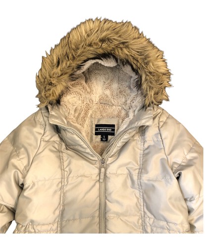 Land's End Girls Fur Lined Primaloft Long Puffer Coat Jacket Large 14 Fur Hood - Picture 4 of 7