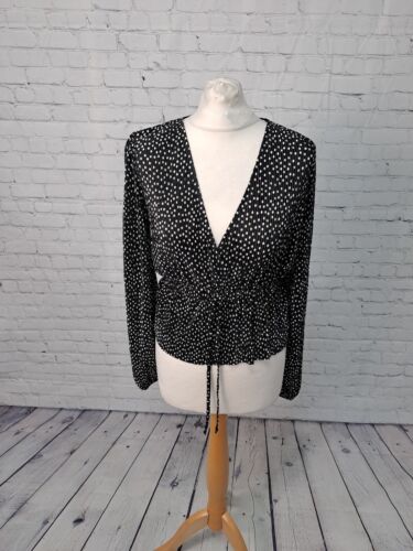 Womens Blouse Black Polka-dot Plunge Neck Crinkle Size Large Stradivarius  (V3) - Picture 1 of 14