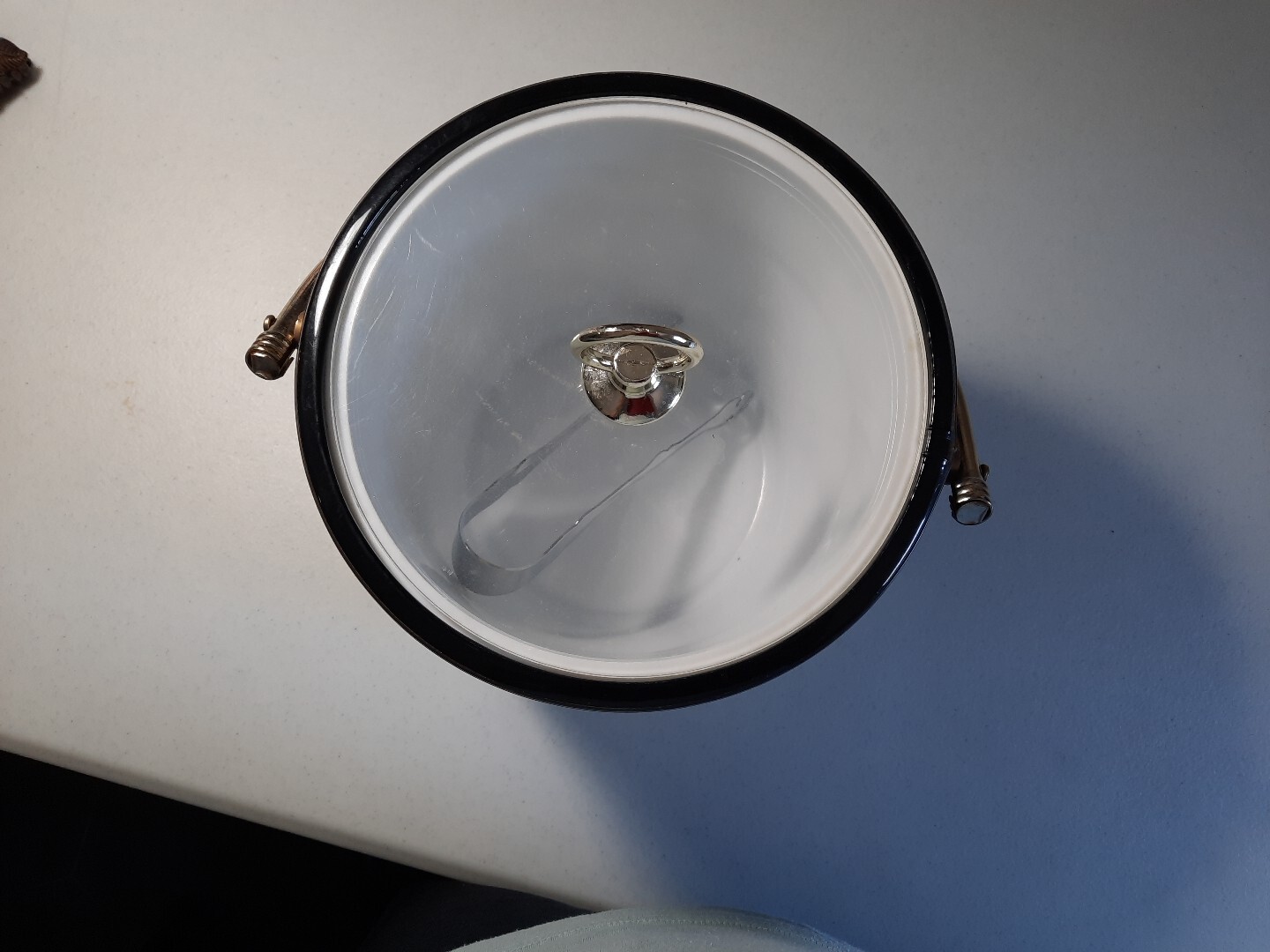 Vintage MCM Shelton Ware Brn Ice Bucket w/Lucite Lid, Handle, Tongs Mid Century