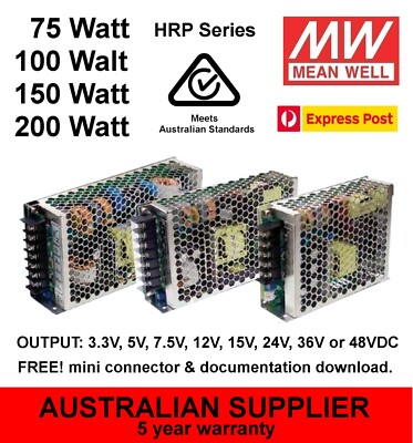 MeanWell HRP Power Supply 75W 100W 150W 200W 3.3V 5V 7.5V 12V 15V 24V 36V 48V DC