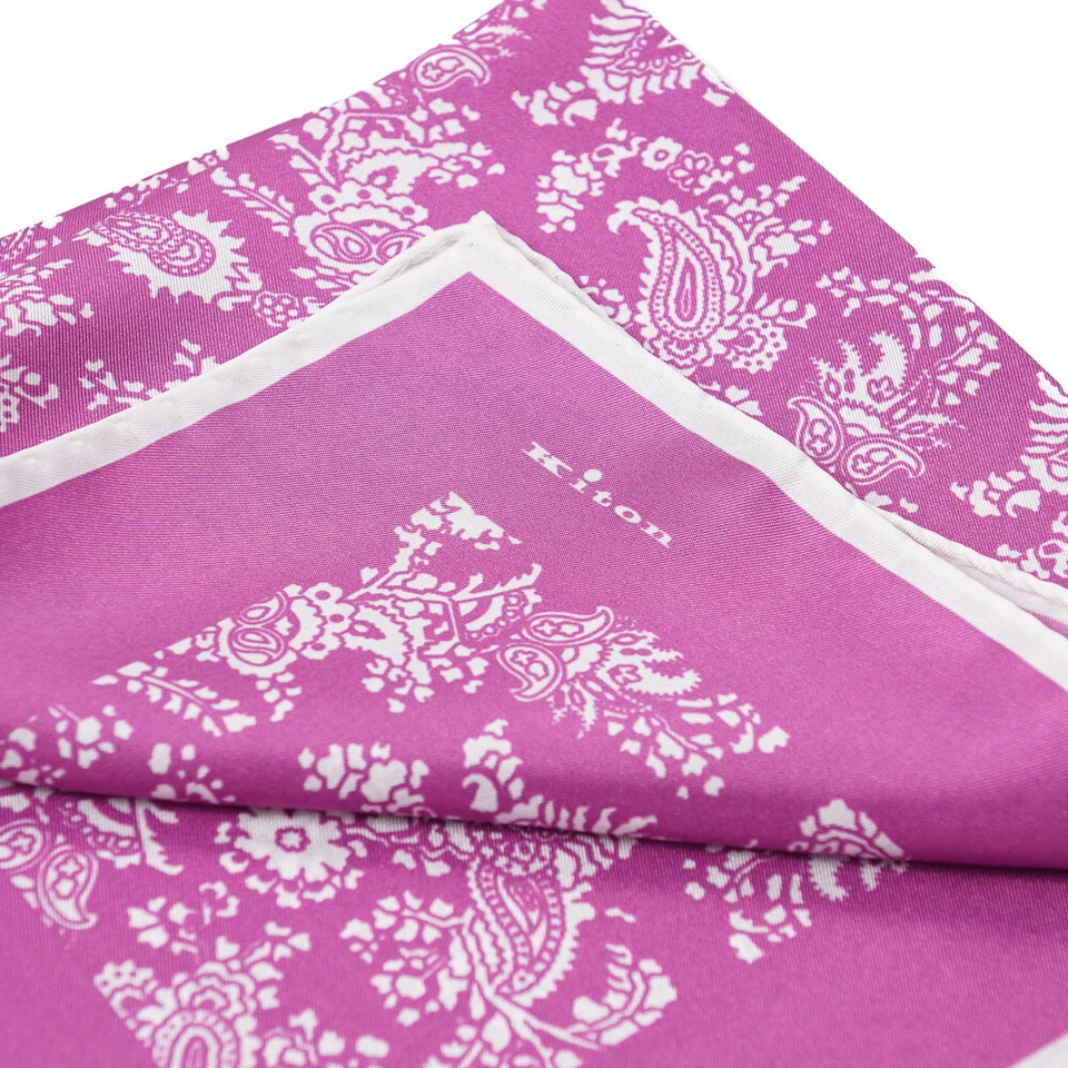 New $215 KITON Fuchsia Pink and White Paisley Print Silk Pocket Square - Image 3 of 3
