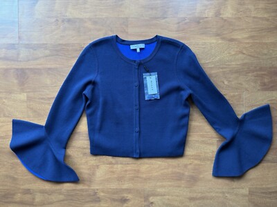 Milly Womens Button Front Contrast Draped Knit Cardigan $345 MSRP Blue Medium