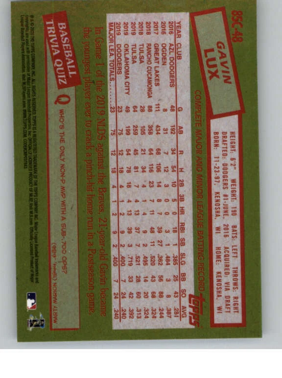 2020 Topps '85 Topps Silver Pack Chrome #85C48 Gavin Lux (ref 139628) - Image 2 of 2