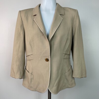 Escada Blazer 40 Tan Wool Linen Blend One-Button 3/4 Sleeve Jacket Women's