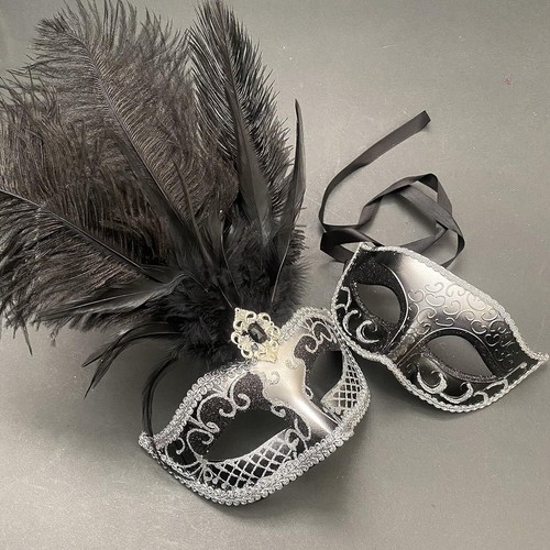 Couple Masquerade Feather Mask Pair Feather Dress up Birthday Party Prom Wedding - Picture 5 of 7