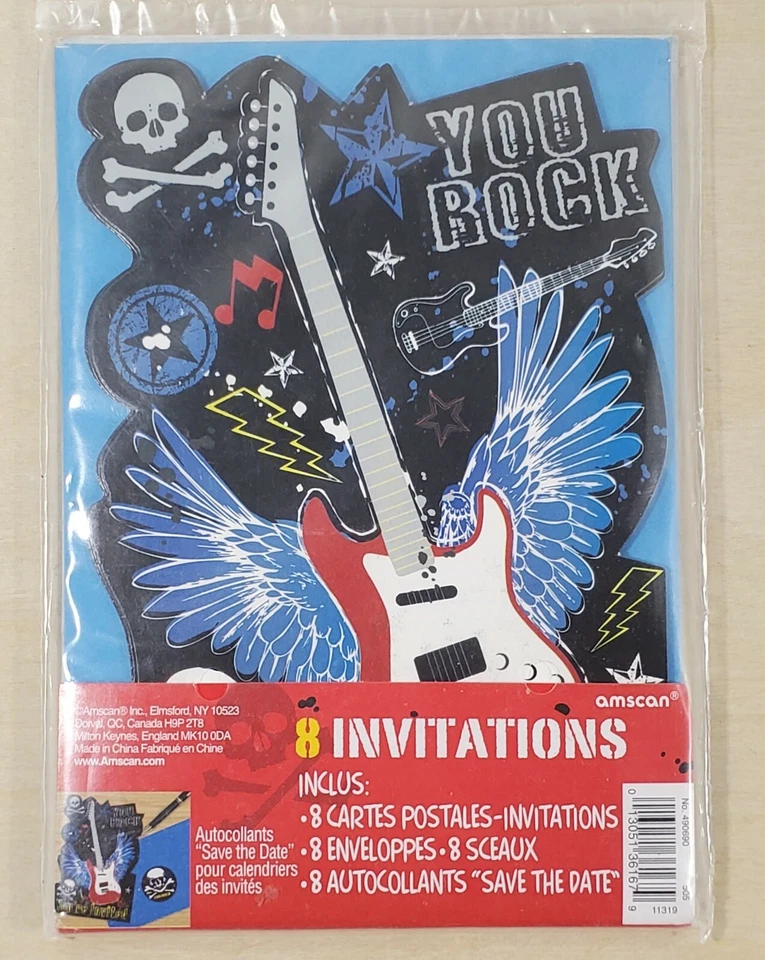 You Rock You’re Invited Invitation Cards Envelops 8 Count Guitar Skull Bones - Image 4 of 4