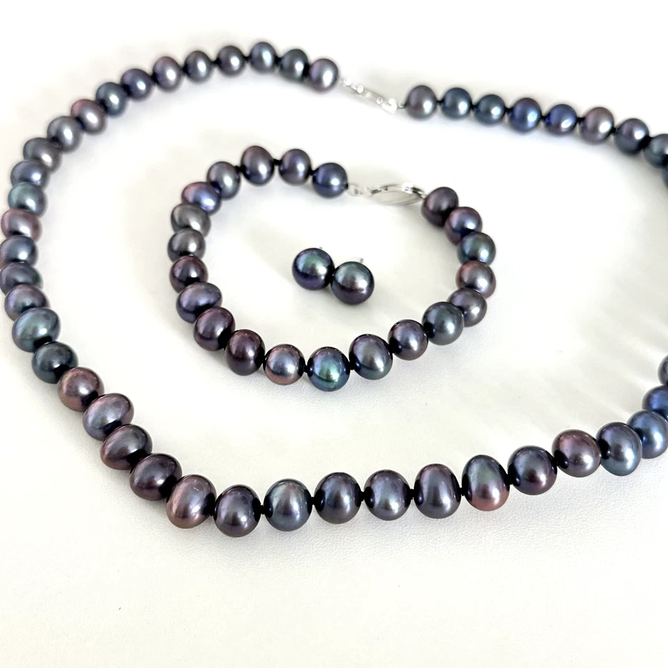 Juego de aretes brazalete pulsera perlas negras reales genuinas de plata de ley 925 Foto 4 de 4