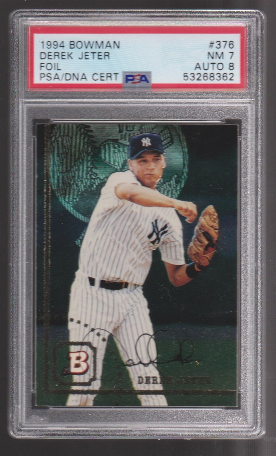 1994 BOWMAN FOIL ROOKIE CARD #376 DEREK JETER GRADED RC AUTO YANKEES PSA/DNA 8