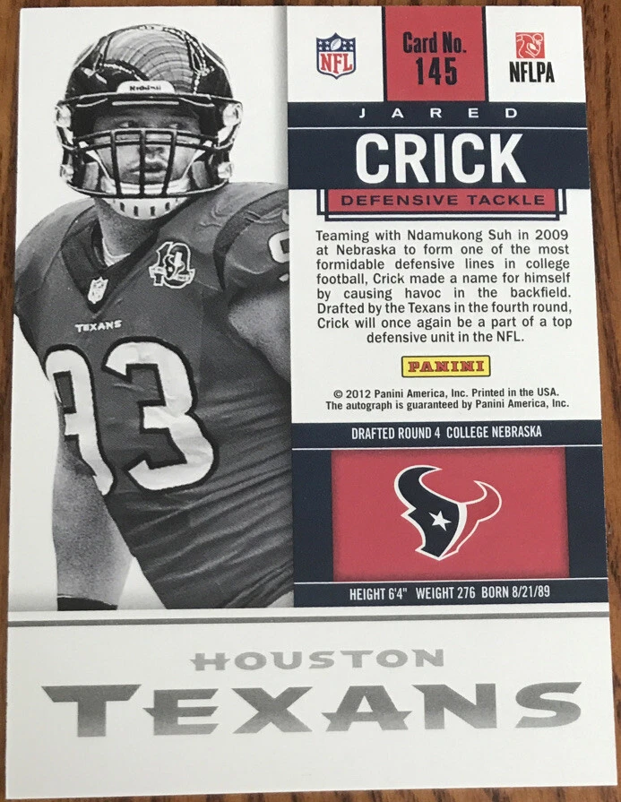 2012 Panini Contenders Rookie Autograph Red Jared Crick #145A Houston Texans - Image 2 of 2