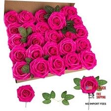 Artificial Flower Foam Rose 25pcs Real Looking Fake Rose with 25PCS Hot Pink
