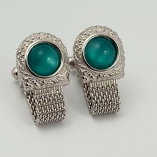 Swank Silver Tone Mesh Wrap Cufflinks Aqua Lucite Cabochon Mid Century Style