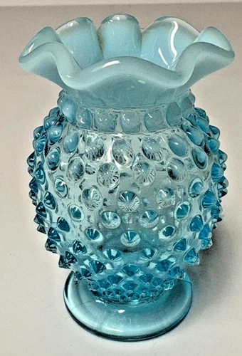 Fenton Opalescent English Hobnail Fluted/Ruffled Blue Miniature 3.5" Vase