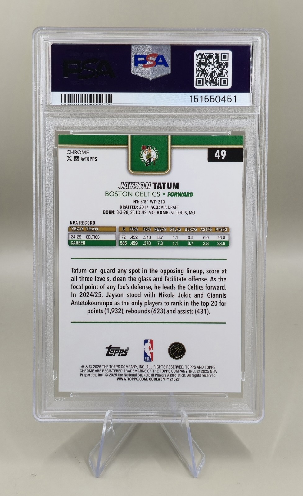 2025-26 Topps Chrome Jayson Tatum Gold Wave /50 PSA 9 Mint #49 Rare Celtics π₯ view 4