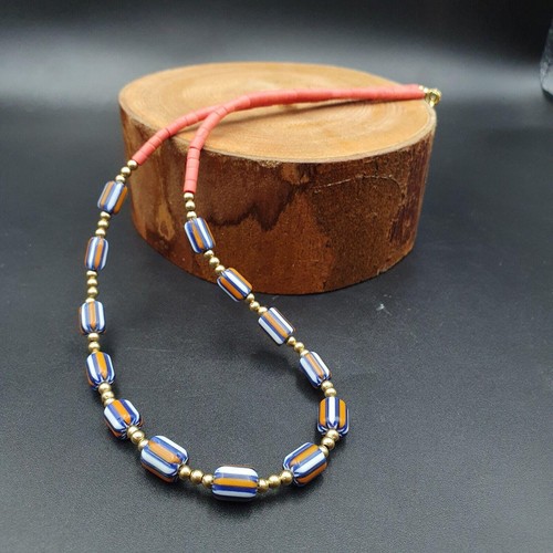 Vintage Venetian Chevron Glass Bead Necklace: Multicolor African Trade Beads