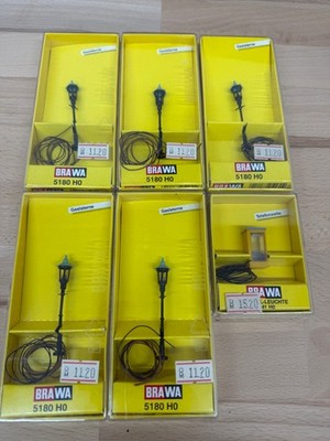BRAWA H0 5x 5180 Gaslaterne Parklat. + 1x 5341 Telefonzelle bel. OVP (009-09)