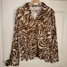 Brown & White Long Sleeve Satin Fitted Blouse. XXL (fits Like XL)
