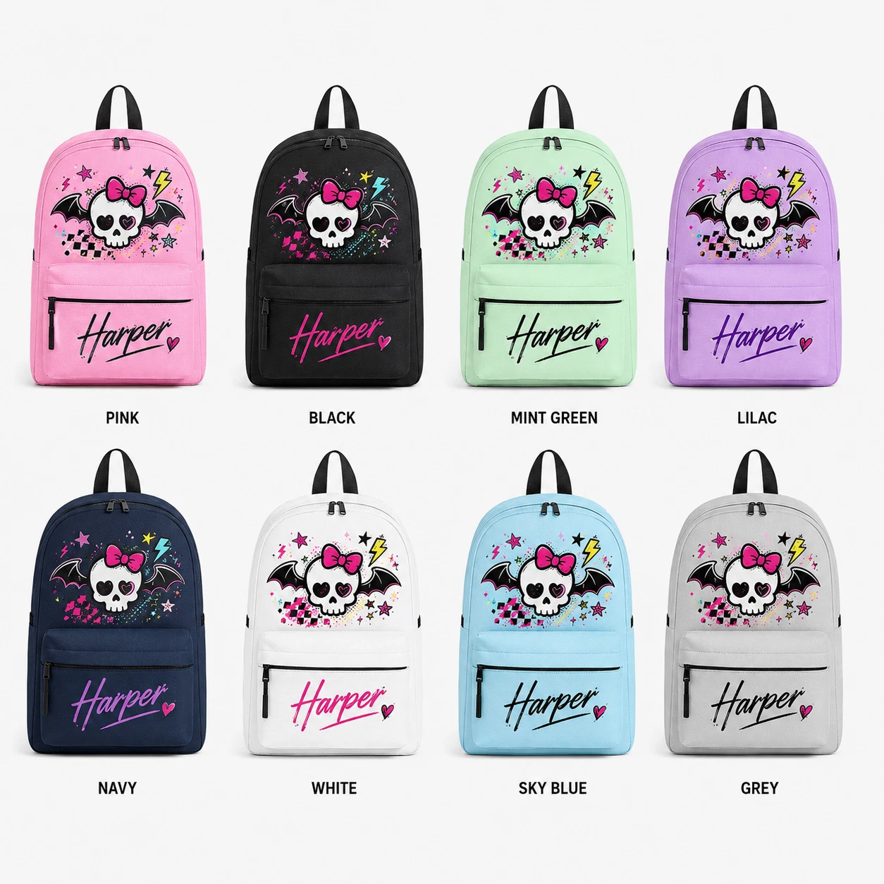 Custom Gothic Skull Doll Backpack, Personalized School Bookbag, Kids Girls Bag