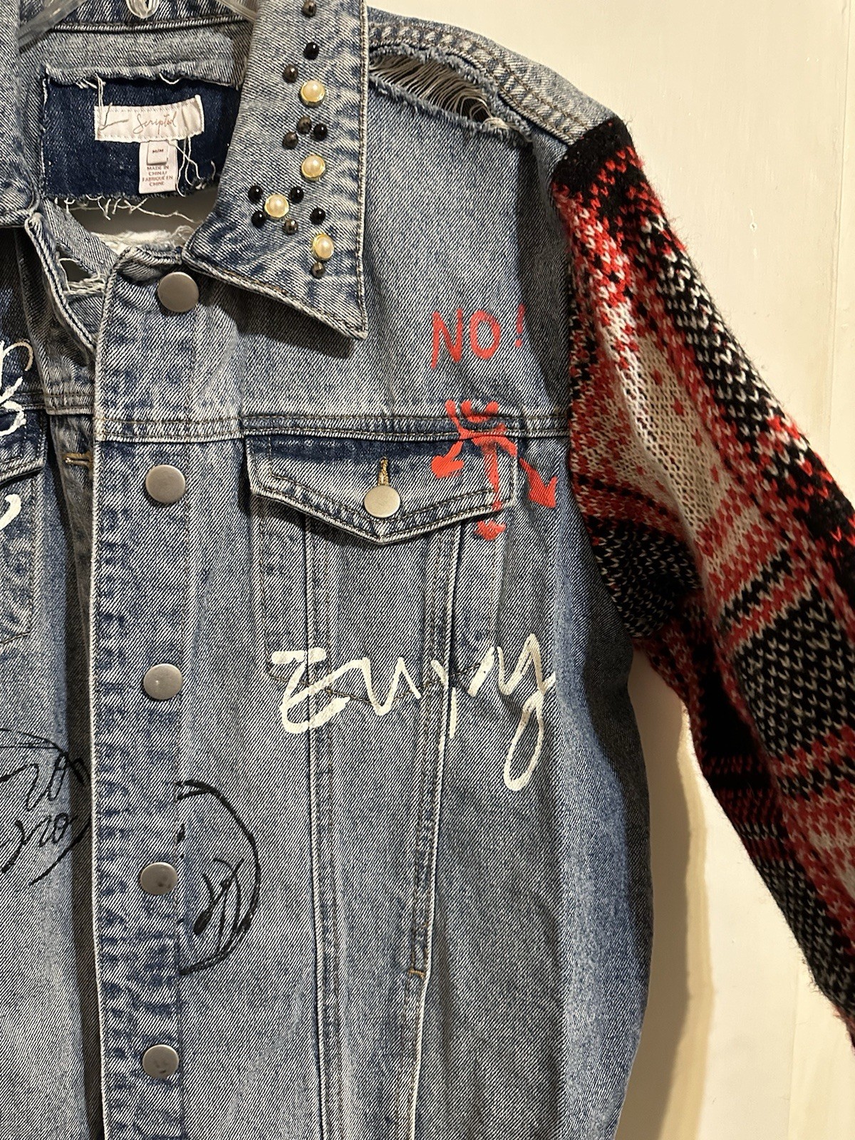 Scripted Distressed Denim Jacket Size M - image 7