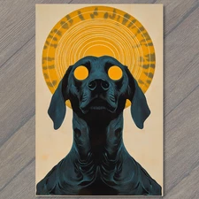 Art Print Surreal Black Dog Glowing Eyes Orange Halo Radiant Circles Bold Graphi