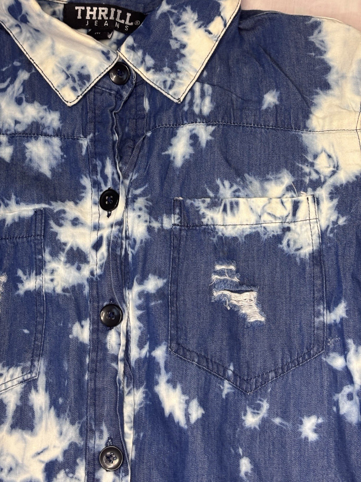 Thrill Distressed Bleached Denim Button Down Top-… - image 4