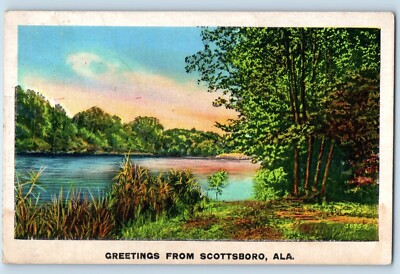 c1937 Alabama AL Vintage Postcard Greetings From Scottsboro Forest Lake Posted