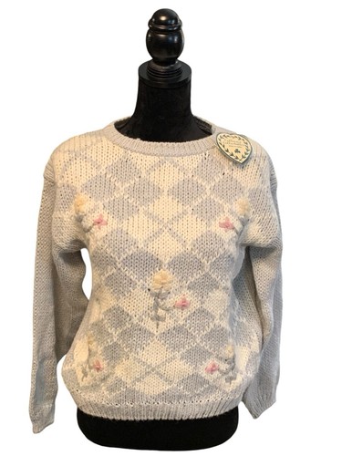 Colleen’s Collectibles Womens Medium Blue Floral Hand Knit Sweater Granny Core - Picture 2 of 12