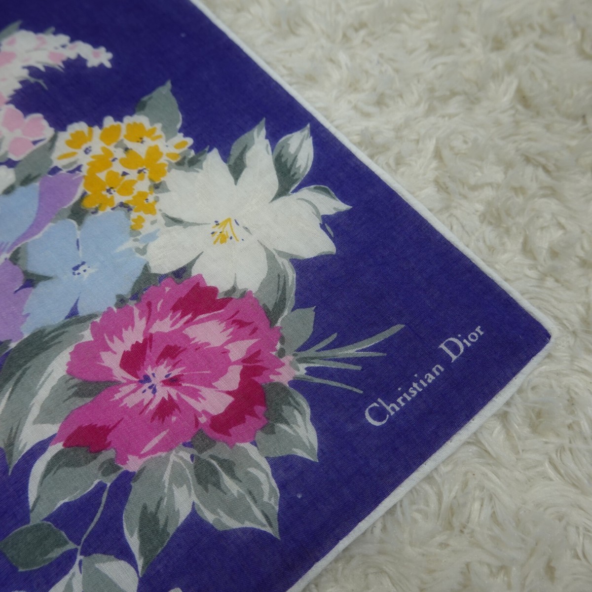 CHRISTIAN DIOR Blue Flower Cotton Scarf Scarves Pocket