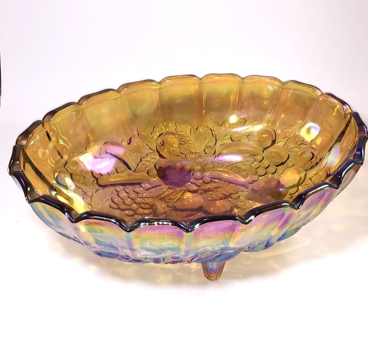 Indiana Harvest Grape Iridescent Gold Carnival Glass Footed Oval
