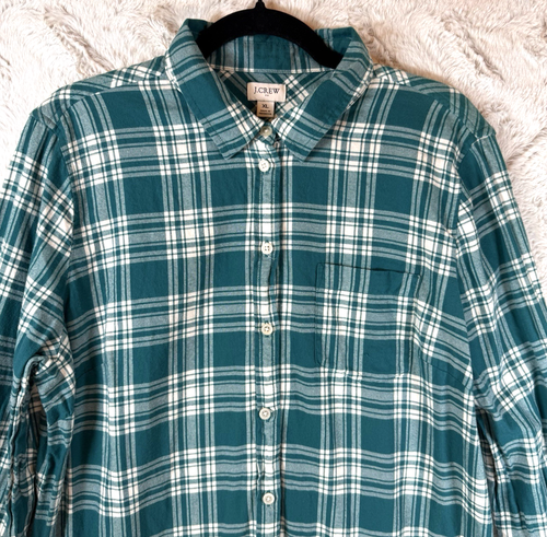 J Crew Plaid Flannel Shirt Womens XL Button Up Collared Jade Green Cotton Soft - Picture 3 of 10