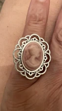 Retro Victorian Rose Cameo Silver Filigree Ring w/ adjustable band - Size 6