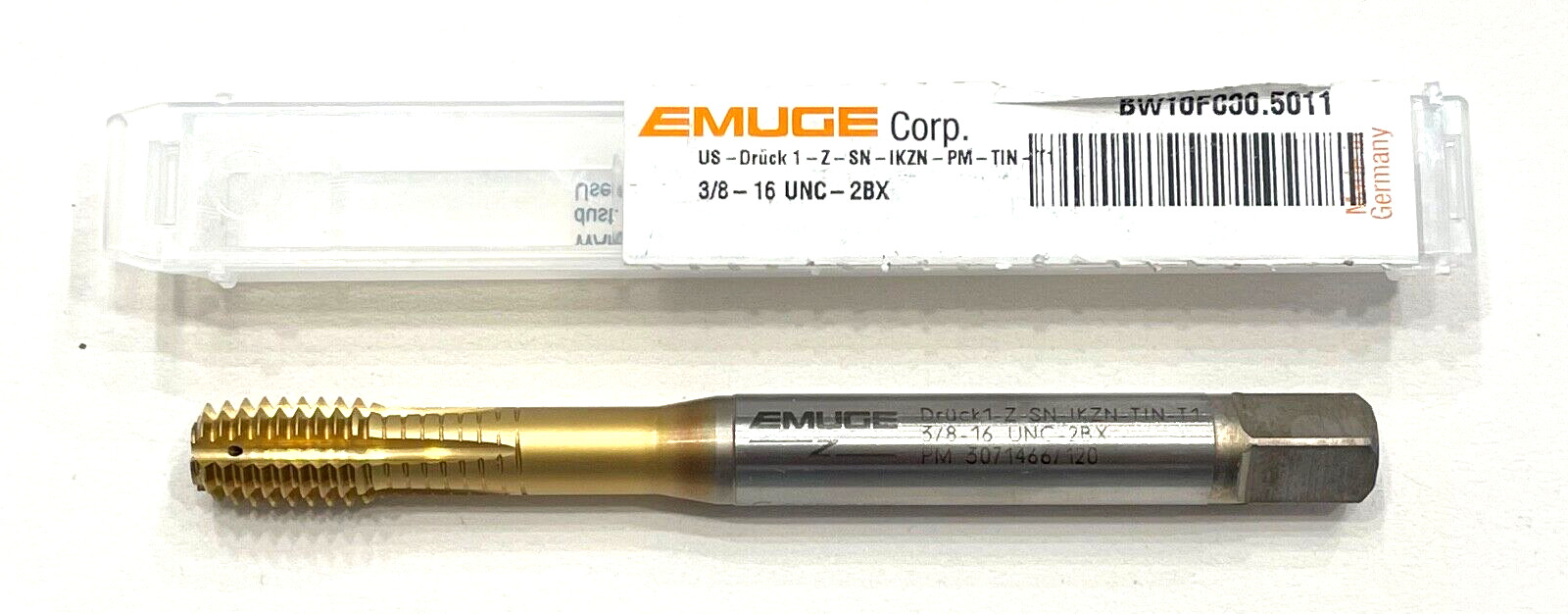 EMUGE HSSE 3/8-16 UNC-2BX Thread Forming Tap Coolant Thru Tin Coating