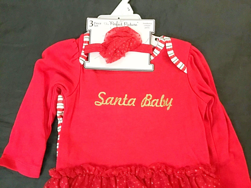 NUEVO CON ETIQUETAS Vitaminas Bebé Infante Niñas Tres Piezas Santa Bebé Body Leggings Conjunto Talla 9M Foto 3 de 4